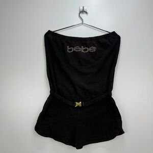 Bebe Y2K Strapless Romper Black Rhinestone Logo Belted Women's Medium Playsuit